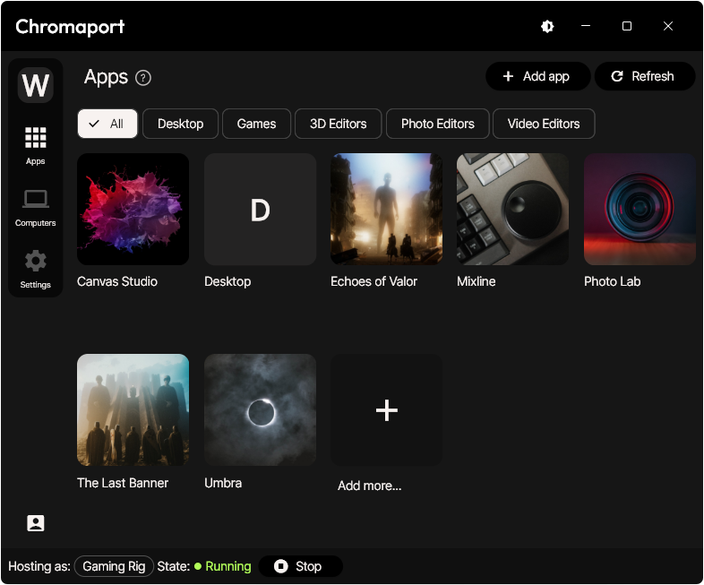 Chromaport apps view displaying a user launching apps and games remotely with smooth, low-latency performance across devices.
