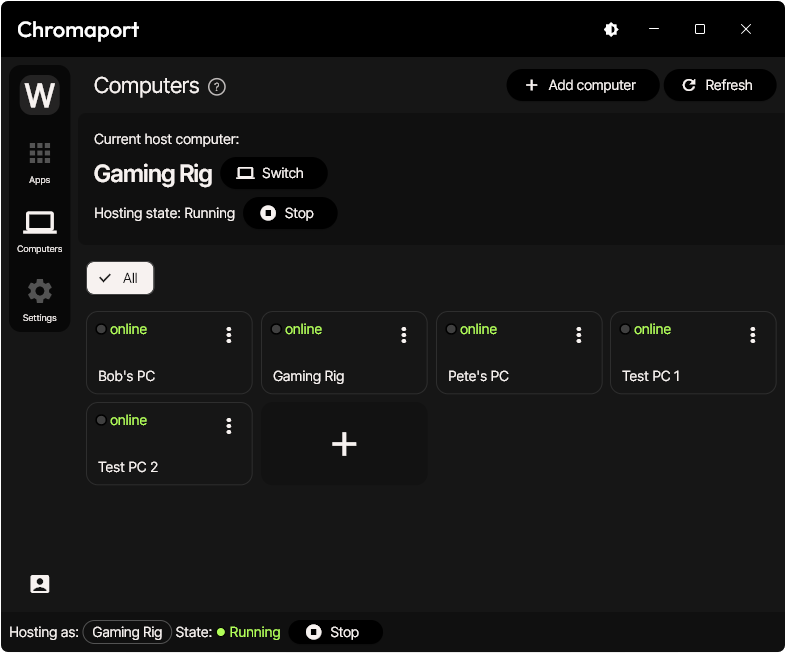Chromaport computers view showing a user managing all connected devices in one central workspace for remote desktops, apps, and games.