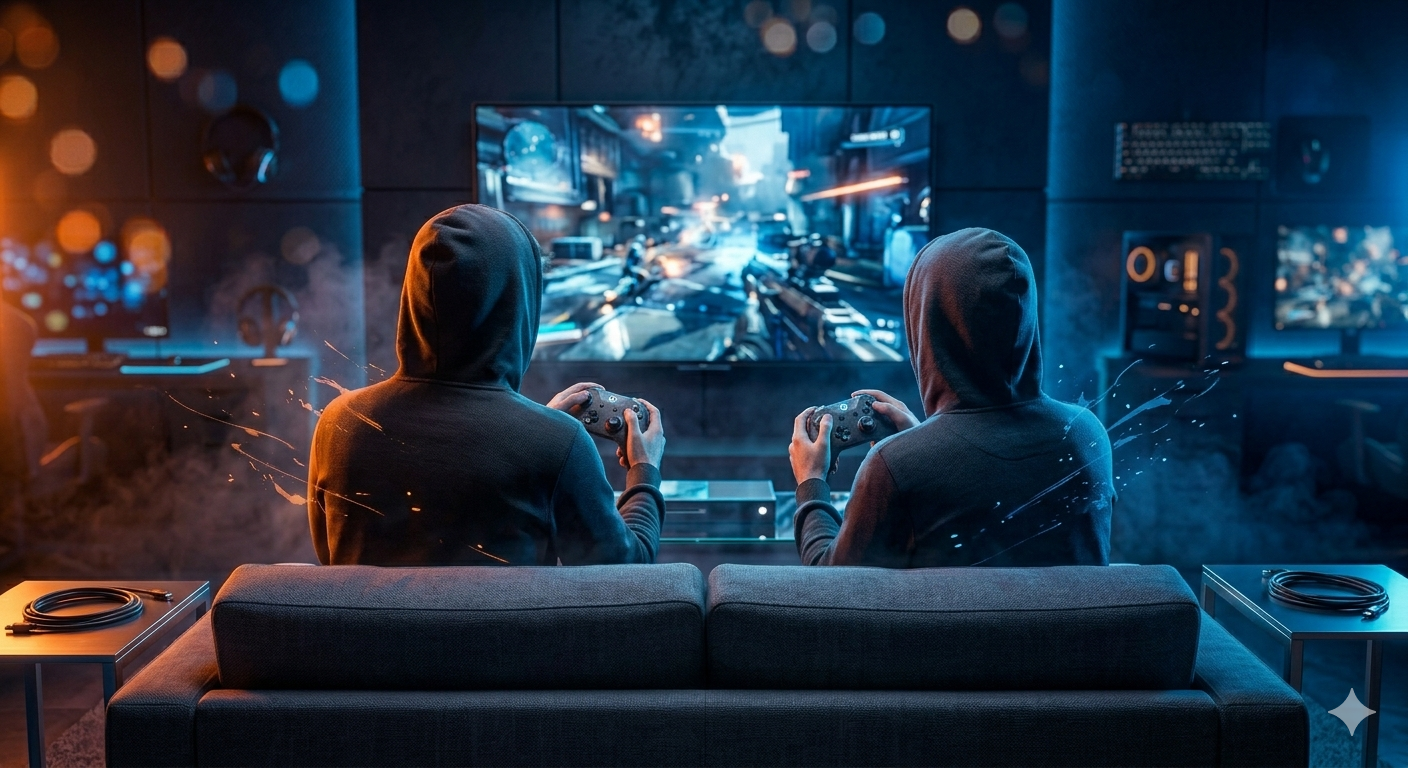 Two gamers playing on couch with controllers in a futuristic neon-lit gaming room, experiencing immersive cloud gaming via Chromaport on a large TV