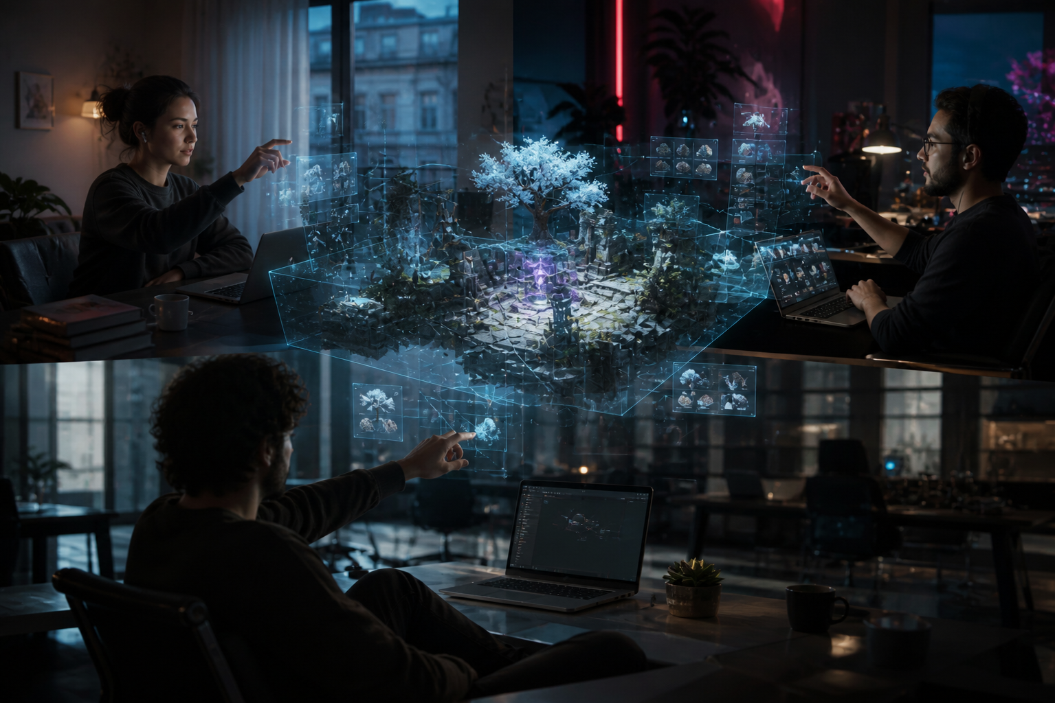 Futuristic creative studio with designers, artists, and creators working together across locations in a unified cloud-based real-time collaboration environment