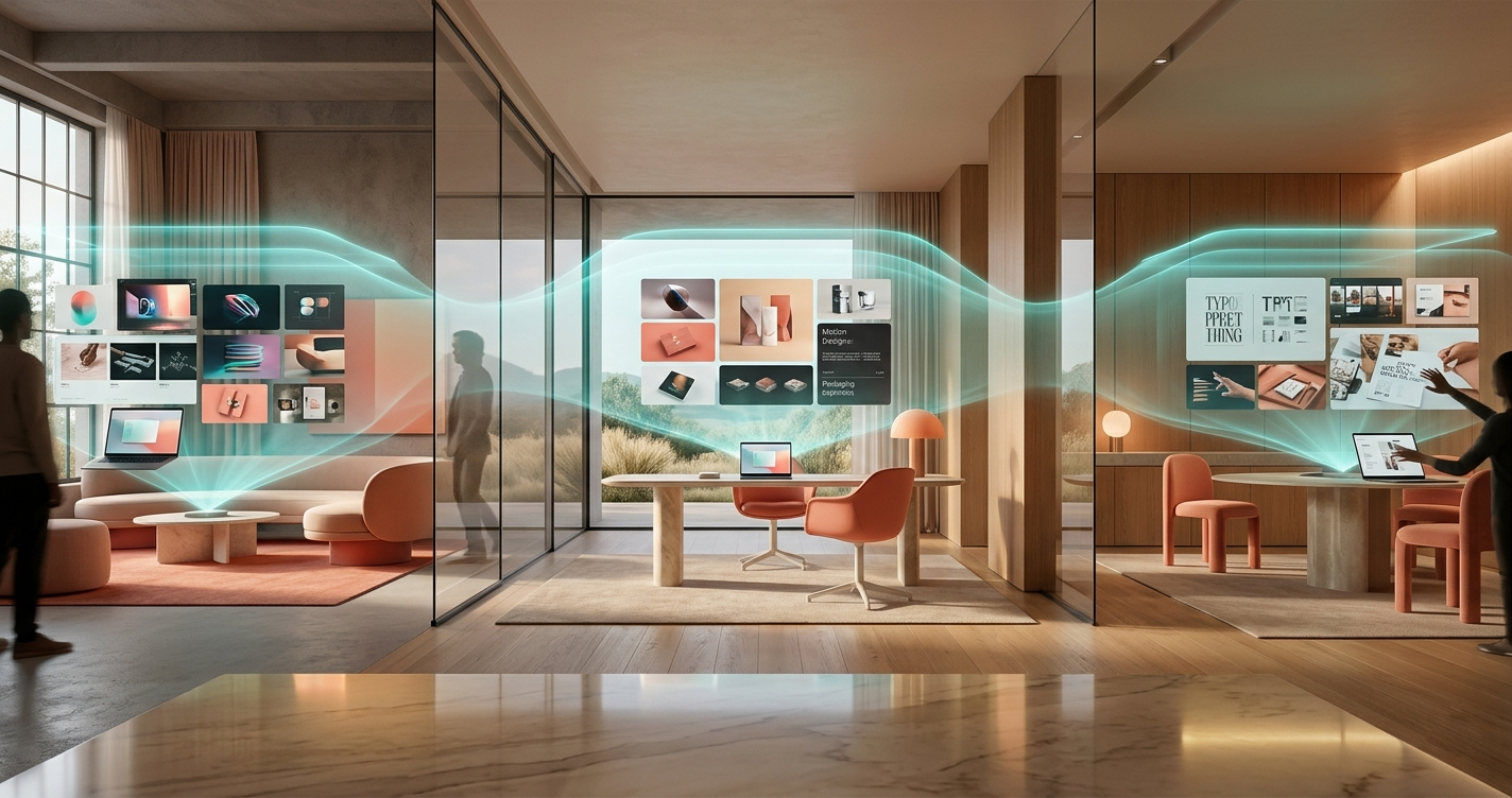 Luxury collaboration workspace showing creative teams sharing real-time design systems, motion graphics, and branding assets across connected premium environments