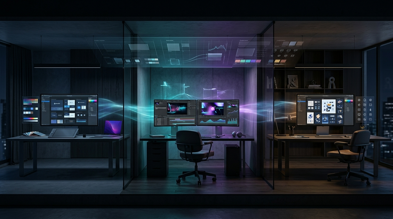 Luxury collaboration workspace showing creative teams sharing real-time design systems, motion graphics, and branding assets across connected premium environments