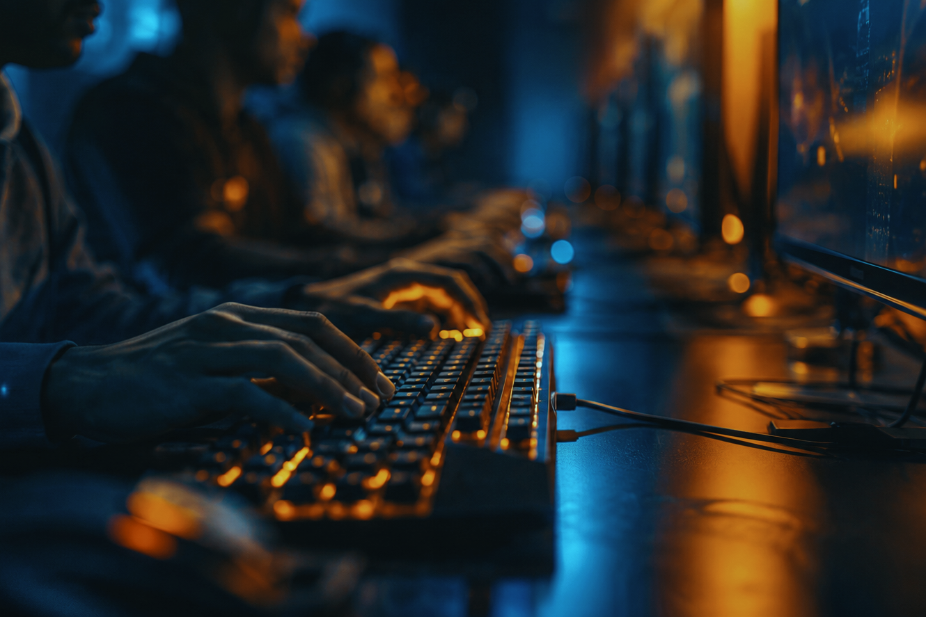 Esports team gaming at a shared cloud gaming desk with RGB keyboards, playing popular titles such as Counter-Strike 2, Valorant, League of Legends, Dota 2, Fortnite, and Rocket League, with an ultra-low latency remote play experience powered by Chromaport.