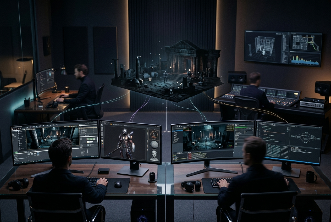 Remote game studio workflow with developers and testers connected through shared environments.