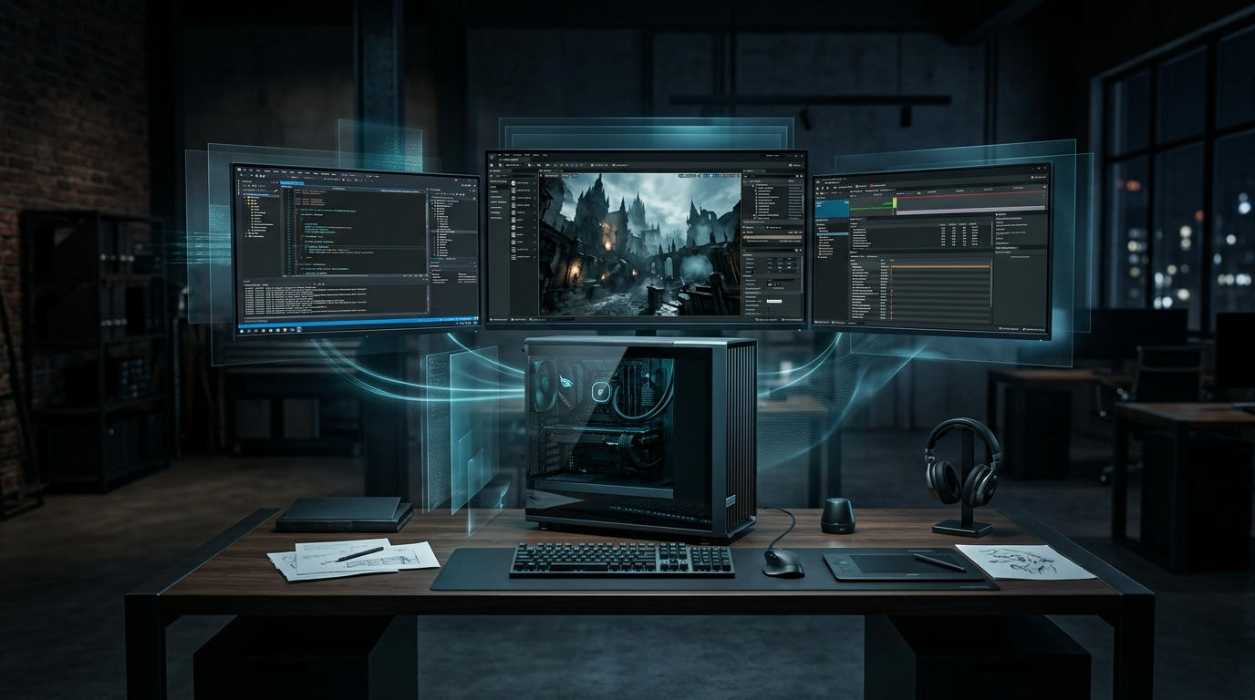 Game development workstation with multiple monitors showing game engine editors, code, builds, and performance profiling tools for remote high-performance development workflows powered by Chromaport.