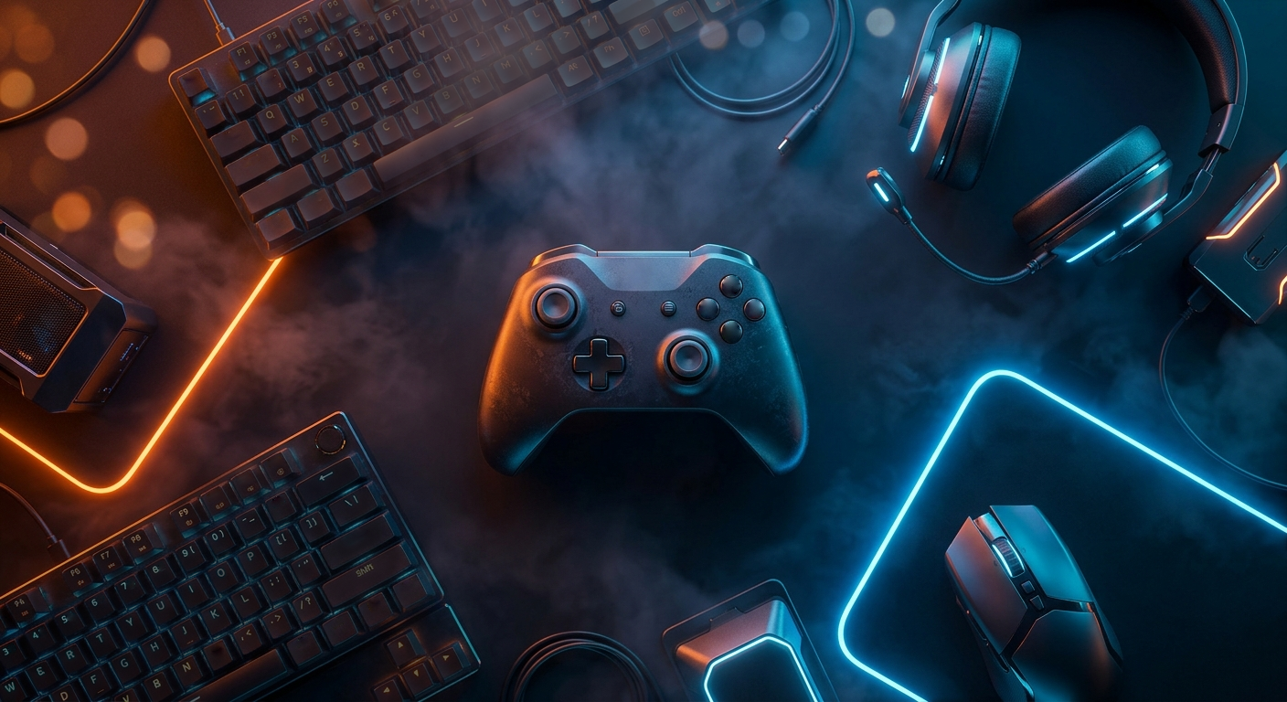 High-performance gaming setup with controller, keyboard, and gaming peripherals illuminated by futuristic blue and orange lighting, representing ultra-low latency remote gaming with Chromaport across any device.