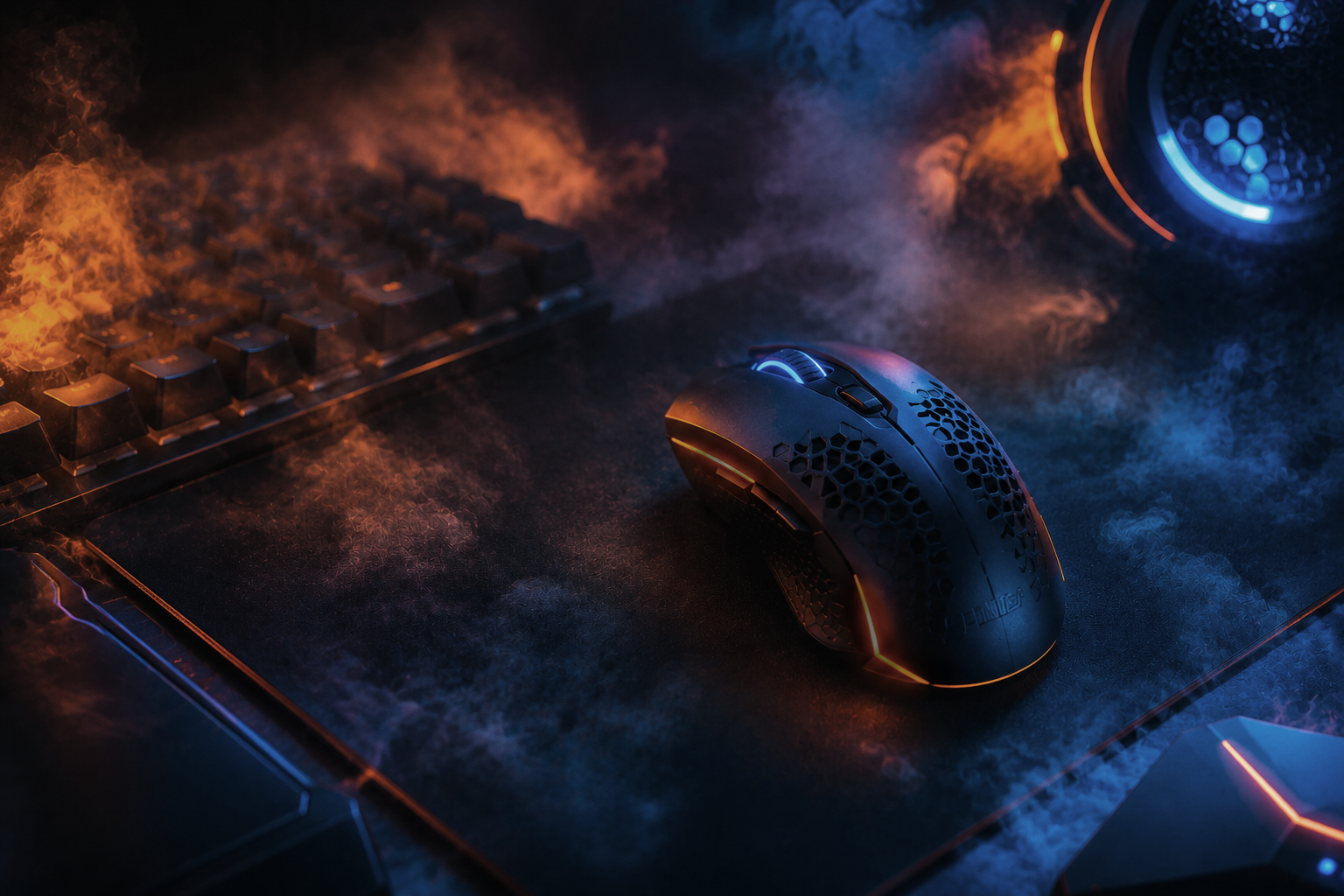 High-performance gaming setup with keyboard and mouse illuminated by futuristic blue and orange lighting, representing ultra-low latency remote gaming with Chromaport across any device.