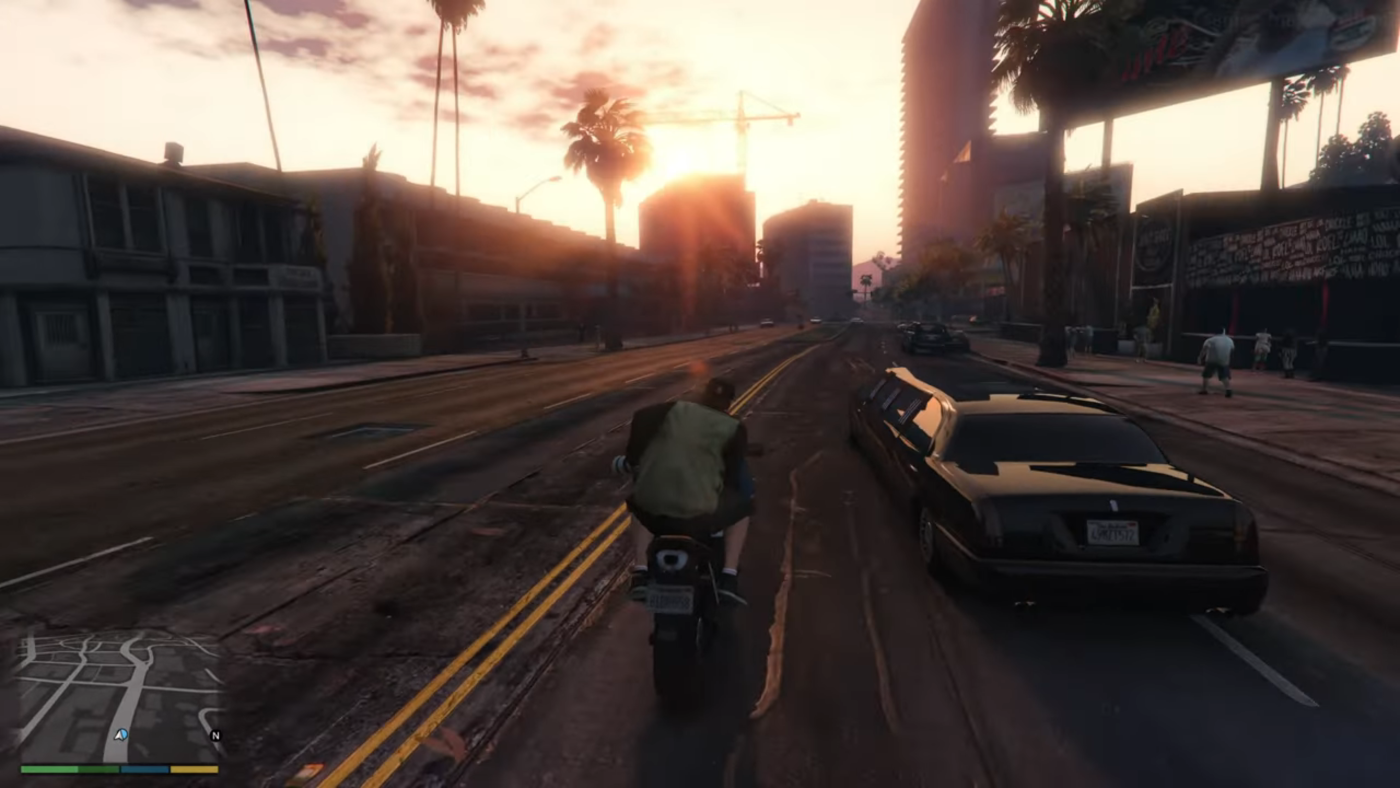 Grand Theft Auto V gameplay through Chromaport showing a motorcycle chase through Los Santos at sunset