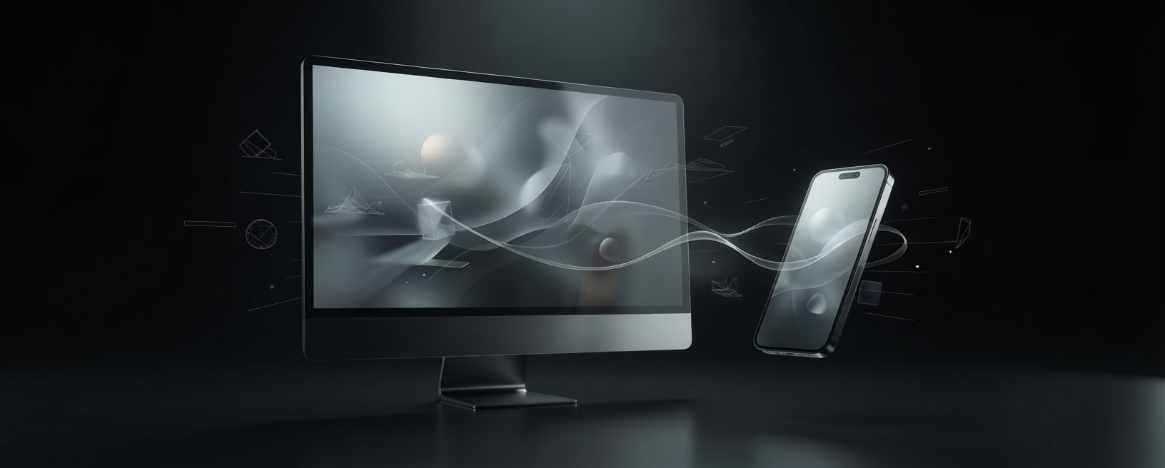 Modern minimalist visualization of a smartphone remotely accessing games and professional creative applications from a powerful desktop computer.