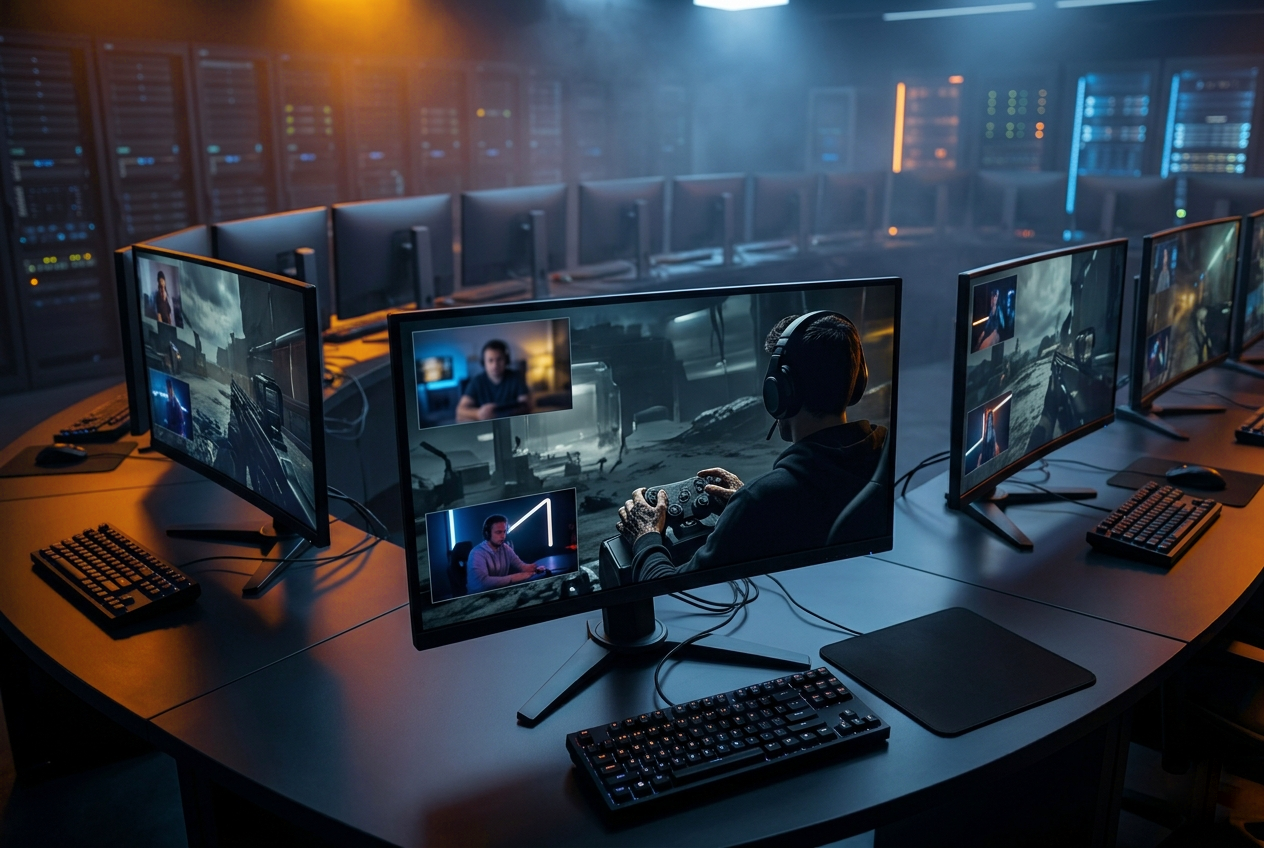 Remote multiplayer gaming session with players connected via cloud gaming, sharing gameplay of popular titles such as Fortnite, Minecraft, Call of Duty, Valorant, Apex Legends, and Rocket League across devices in a cinematic esports environment powered by Chromaport.