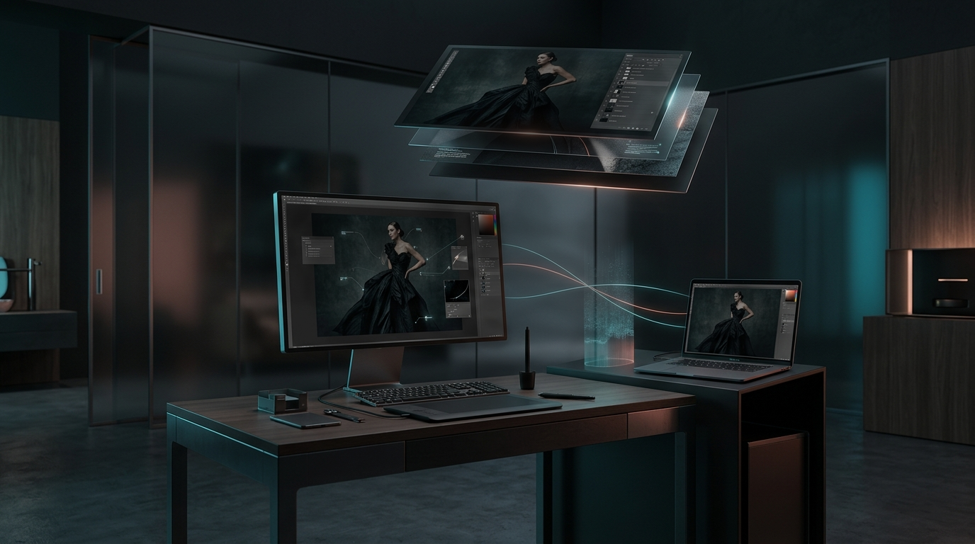 Adobe Photoshop creative workspace with photo editing tools