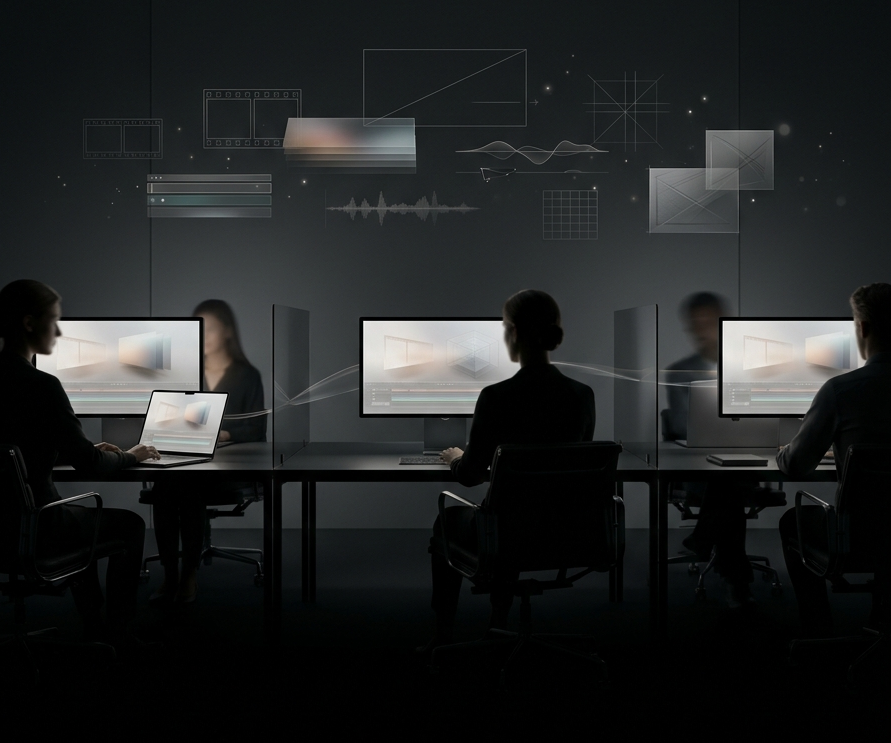 Video editing team collaborating remotely by sharing creative applications and workstation access through Chromaport.